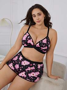 SHEIN X Care Bears Plus Size Black & Pink Sexy & Comfy Bikini Bra And Panty Underwear Set, Kawaii