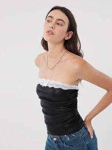 Muchica Áo ống ren tương phản và da giả co giãn gợi cảm mùa thu/đông - màu đen - Xem 3