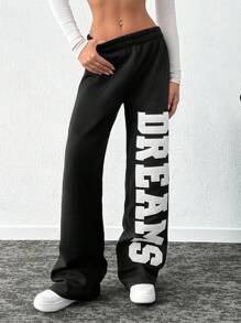 SHEIN Tall بنطلون رياضي كاجوال مطبوع بسيط مقاس كبير "أحلام" - الأسود - مشاهدة 1
