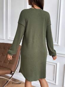 SHEIN Dropped Shoulder Round Neck Button Front Maternity Long Sleeve Dress, Autumn Ladies Dress - Green - View 2