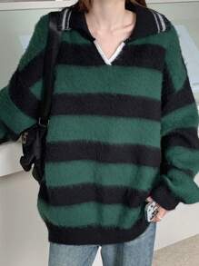 DAZY 女士 POLO 领条纹拼色休闲长袖毛衣，秋季女装 - 墨綠色 - 查看 4