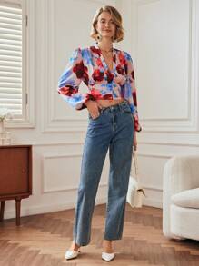 Chiquease Áo cánh ngắn tay đèn lồng cổ chữ V in hoa thời trang cho nữ, mùa thu - Nhiều màu - Xem 6