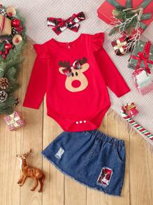 SHEIN Baby Girl Christmas & New Year Floral Deer Pattern Cute Bodysuit & Denim Skirt Fashion Outfit, Autumn/Winter - Red - View 1