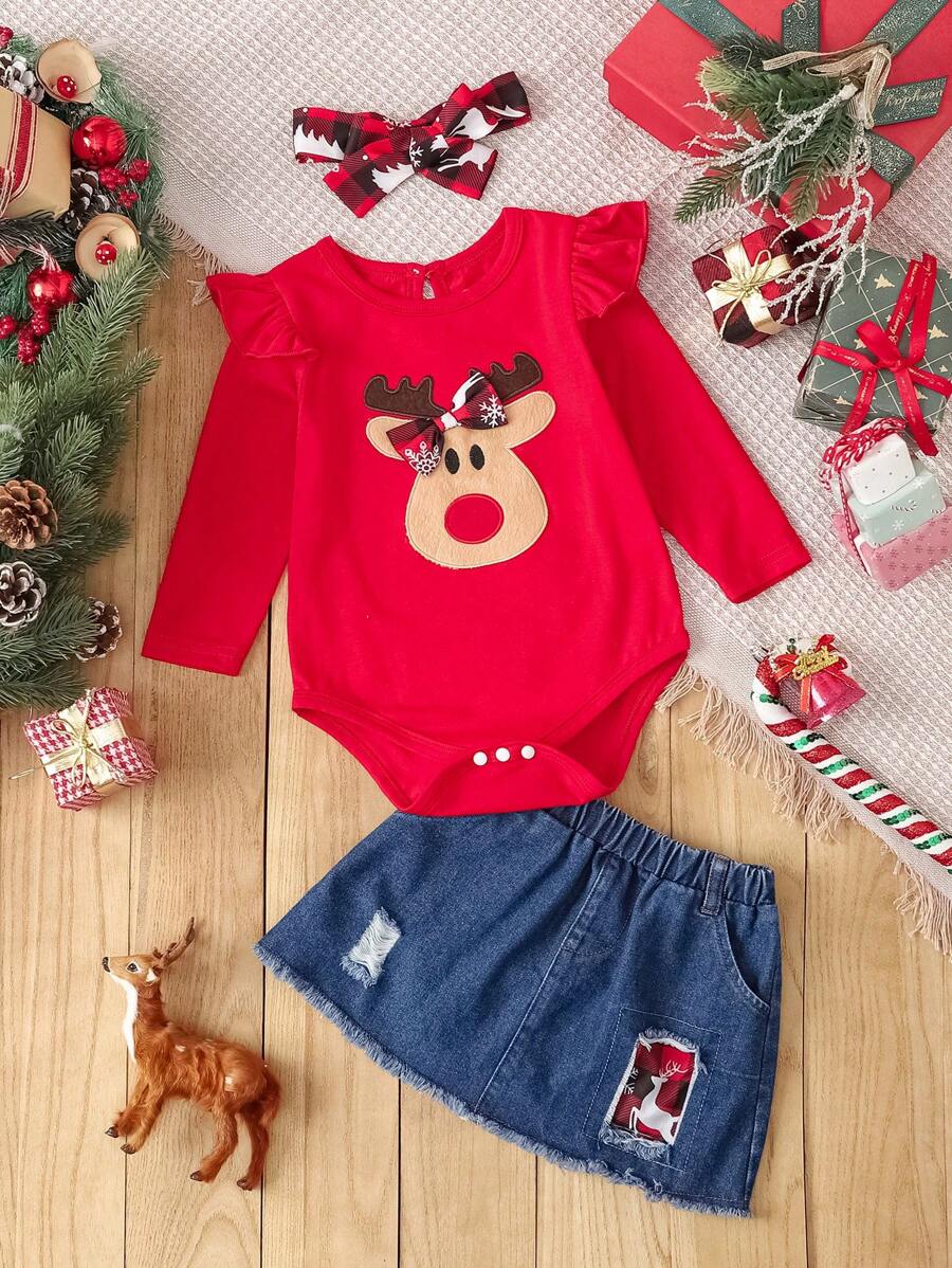 SHEIN Baby Girl Christmas & New Year Floral Deer Pattern Cute Bodysuit & Denim Skirt Fashion Outfit, Autumn/Winter - Red - View 1