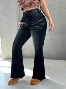 SHEIN ICON 大码性感弹力喇叭洗水喇叭牛仔裤，街头风格 - 深色水洗藍 - 查看 7