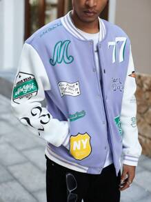 Manfinity EMRG 1pc Men's Solid Color Splicing Letter Print Front Button Casual Baseball Jacket - Multicolor - View 6