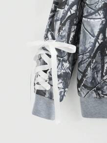 ROMWE Street Life Y2K Streetwear Ribbon Bow Camo Print Letter Women Hoodie,Long Sleeve Tops - Grey - View 3