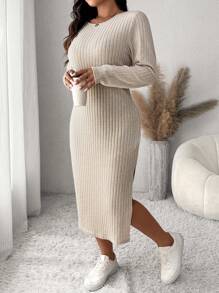 SHEIN Frenchy Plus Size Casual Solid Color Side Slit Fitted Dress, Autumn/Winter - Apricot - View 1
