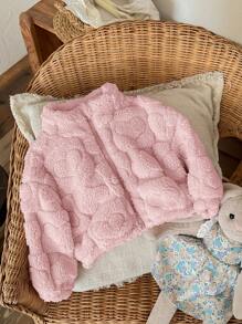 SHEIN LMoss Kids LMoss Autumn/Winter Cute Casual Versatile Heart Pattern Fluffy Long Sleeve Stand Collar Jacket For Baby Girls