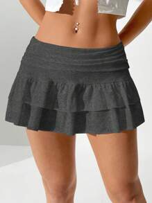 Muchica Váy mini xếp nếp lưng thấp màu trơn gợi cảm - Màu xám đen - Xem 5