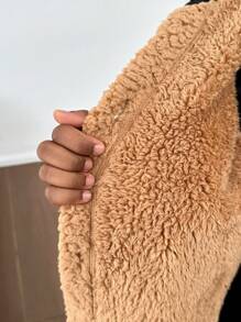 SHEIN SLAYR KIDS Tween Girl Warm Thermal Lined Lapel Pocket Button Front Mid-Length Cardigan, Autumn/Winter - Brown - View 8