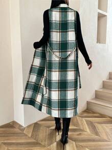 SHEIN Clasi Women's Spring Fall Plaid Lapel Sleeveless Long Casual Woolen Coat - Green - View 2