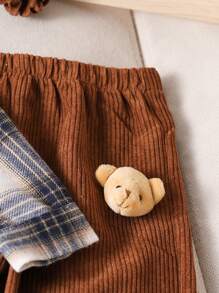 SHEIN Leap Crew 3 件套男婴/女婴服装，包括棕熊装饰保暖背心、绅士复古格子衬衫和灯芯绒裤子，适合上学、居家和外出、秋冬季 - 彩色 - 查看 4