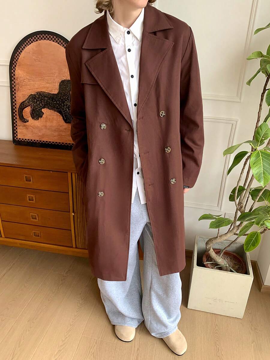 Manfinity VCAY Men's Woven Casual Daily Loose Lightweight Long Trench Coat, Solid Color, Young Style, For Fall Winter - Chocolate Brown - View 1