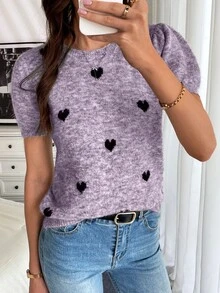Chiquease 女士休闲心形图案泡泡袖针织上衣，春秋 - 紫色 - 查看 5
