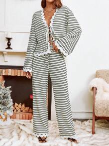 SHEIN VCAY Set de 2 piezas de mujer con top de raya y cinta de onda contrastante con nudo adelante y pantalón recto holgado, para primavera y otoño