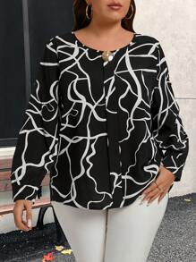 EMERY ROSE Áo thun thường ngày in họa tiết cổ tròn tay dài tay ngắn cỡ lớn mùa đông cho nữ - Đen và trắng - Xem 4