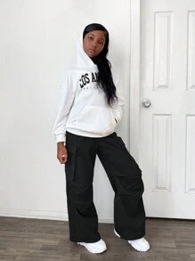 SHEIN Leap Crew 2 件/套 Tween 女童字母印花连帽衫，带口袋和宽松裤子，休闲装