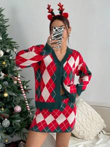 SHEIN Unity Women Christmas Warm & Cozy Plaid Pattern Loose Cardigan & Plaid Mini Sweater Skirt, 2 Pieces Set, Winter Clothes - Red - View 4