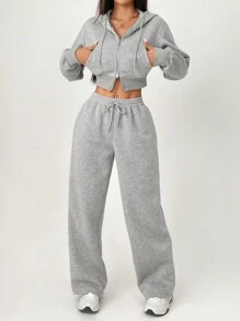 SHEIN PETITE Women's Gray Hooded Sweatshirt & Pants Two-Piece Set