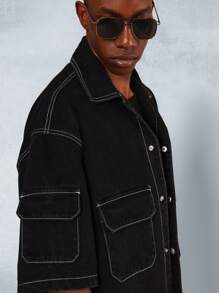 SUMWON Boxy Elbow Sleeve Contrast Stitch Cargo Denim Shirt - Black - View 5
