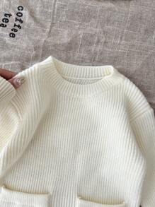 SHEIN LMoss Kids LMoss Baby Girl Cute Minimalist Beige Long Sleeve Sweater Dress, Autumn/Winter