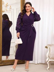 Modelyn 大码女式纯色 V 领花卉提花褶皱长袖优雅连衣裙长款晚礼服 - 紫色 - 查看 3