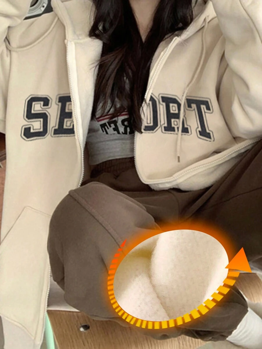 DAZY 女士宽松字母印花保暖内衬卫衣，秋季长袖连帽衫，保暖内衬拉链外套，冬季 - 杏色 - 查看 1