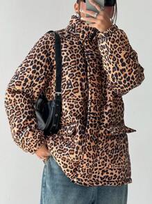 Flirla 1 pieza Abrigo acolchado con cremallera frontal de estampado de leopardo, de manga larga, para vestir informal en invierno