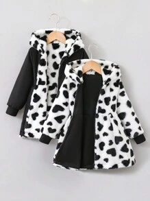 Modische umkehrbare Plüsch-Reißverschluss-Kapuzenjacke mit Herzmuster für Kleine Mädchen