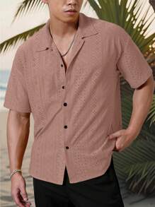 Manfinity Homme Men's Vacation Casual Style, INS Matched With A Knitted Black And White Geometric Striped Crochet Textured Jacquard Loose Short-Sleeve Shirt. Featuring A Button Placket, This Shirt Embodies French Elegance And Romance, Making It Perfect For Hawaiian Beach Vacations, As Well As Music Festivals And Everyday Wear. It Also Serves As An Ideal Gift For Boyfriends Or Husbands. Men's Striped Short Sleeve Single-Breasted Casual Commuter Shirt, Cool Shirts For Men, Nice Shirts For Men, Men's Fashion Shirts - Dusty Pink - View 4