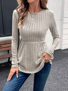 SHEIN LUNE Women's Casual Solid Color Ribbed Ruffled Hem T-Shirt, Autumn - Apricot - View 3