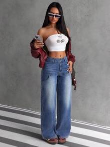 SHEIN EZwear Women Casual Distressed Patchwork Loose Straight Leg Jeans - Blue - View 6