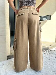 SHEIN ICON Plus Size Streetwear Utility Loose Leg Jeans, Khaki