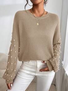 Firerie 纯色圆领珍珠装饰优雅长袖套头衫，秋冬长袖上衣 - 卡其色 - 查看 3