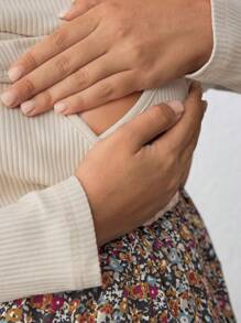 SHEIN 孕妇碎花圆领长袖休闲哺乳连衣裙，适合秋季 - 杏色 - 查看 5