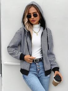 SHEIN LUNE 2024 Autumn Winter New Arrival Women's Houndstooth Fuzzy Zip Up Hooded Jacket Sweatshirt