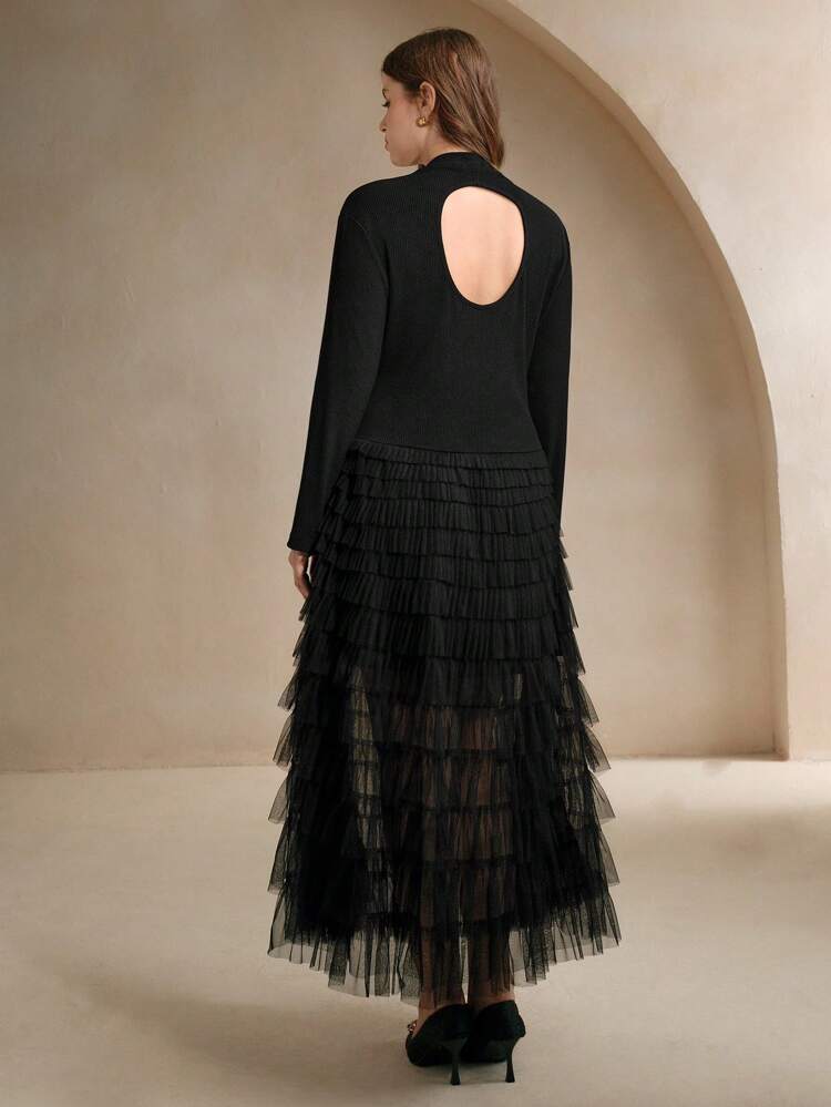 Plus Size Women Black Knit Splicing Mesh Skirt Dress, Slimming Effect Maxi Women Outfit