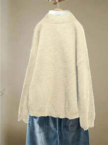 SHEIN LUNE Cárdigan de manga larga holgado de punto de color liso con botones, estilo vintage para mujeres, otoño/invierno - Beis - Ver 2