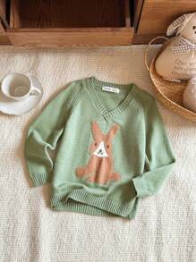 Blossori Young Girls Cartoon Rabbit Print V-Neck Long Sleeve Sweatshirt - Green - View 1