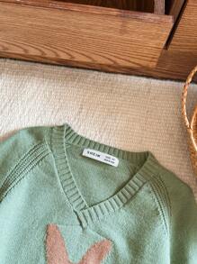 Blossori Young Girls Cartoon Rabbit Print V-Neck Long Sleeve Sweatshirt - Green - View 6