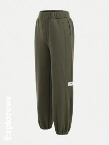 SHEIN 青少年男孩松紧腰慢跑裤、休闲运动长裤、秋季 - 軍綠色 - 查看 2