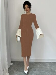 Elenzga 女款喇叭袖拼色毛衣裙，秋季 - 棕色 - 查看 4