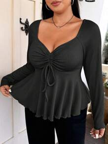 Vionelle Plus Size Sweetheart Neck With Drawstring Ribbed Long Sleeve T-Shirt Fall Cloth For Women - Black - View 5