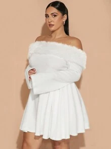 SHEIN BAE Plus Size Women's, Super Versatile, Cream Fluffy Trim Stretch Rib A-Hem Dress, Halloween, Simple Style, Perfect For Parties Or Everyday Wear, Sweet Hottie,Graduation Dress