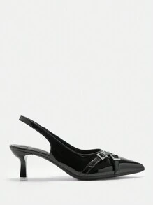 CUCCOO CURVES Wide Width High Heel Pointed Toe Elegant Black Satin Back Strap Year-Round Sandals New Year Holiday Valentines - Black - View 3