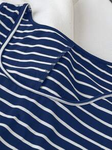 SHEIN LUNE Bộ đồ liền thân không tay cổ chữ V in chữ cỡ lớn cho nữ và váy kẻ sọc cổ tròn không tay cho trang phục ngày lễ mùa thu - Màu xanh hải quân - Xem 3