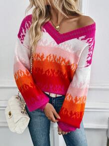 Chiquease Multi-Color Patchwork V-Neck Lantern Sleeve Thick Warm Pullover Sweater For Women Knit Pullover Fall Winter Outfit - Multicolor - View 1