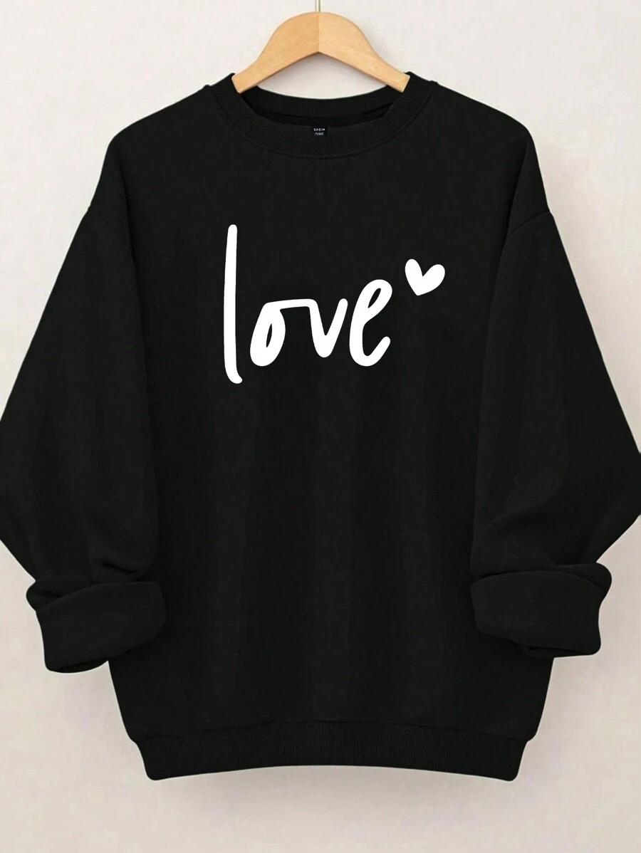 EMERY ROSE Plus Size Women's Love Letter Heart-Shaped Pattern Printed Round Neck Sweatshirts Fall Cloth For Women Winter Autumn - Black - View 1