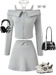 SHEIN 2pcs/Set Teen Girl Casual Off Shoulder Sweatshirt, Grey Color, Autumn/Winter - Grey - View 1